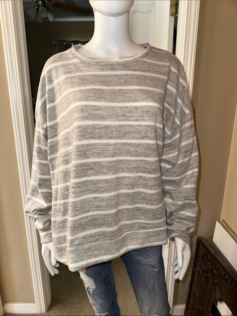 BiBi Gray and White Striped Cozy Sweatshirt